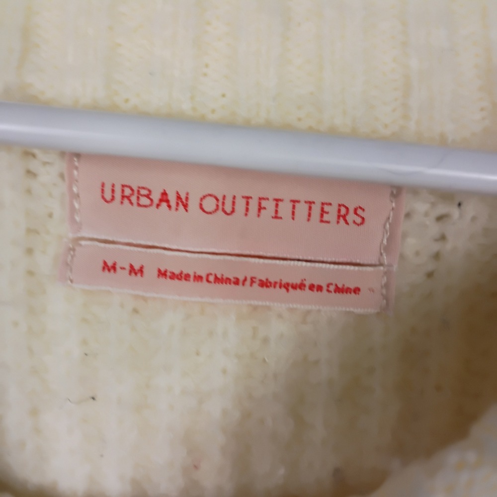 Urban Outfitters Cream Ribbed Cropped Sweater Balloon Sleeve Crew Neck Medium - Picture 4 of 6